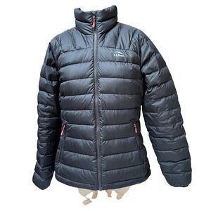 LL Bean 650 Down Puffer Jacket Black Burgundy Women Full Zip Quilted Coat Size S